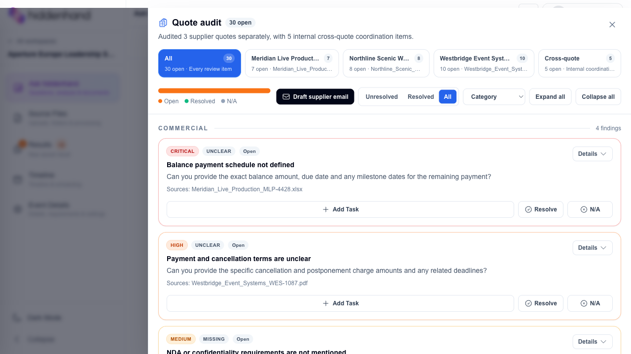 hiddenhand quote audit showing grouped findings and controls to add tasks, resolve, or dismiss each item
